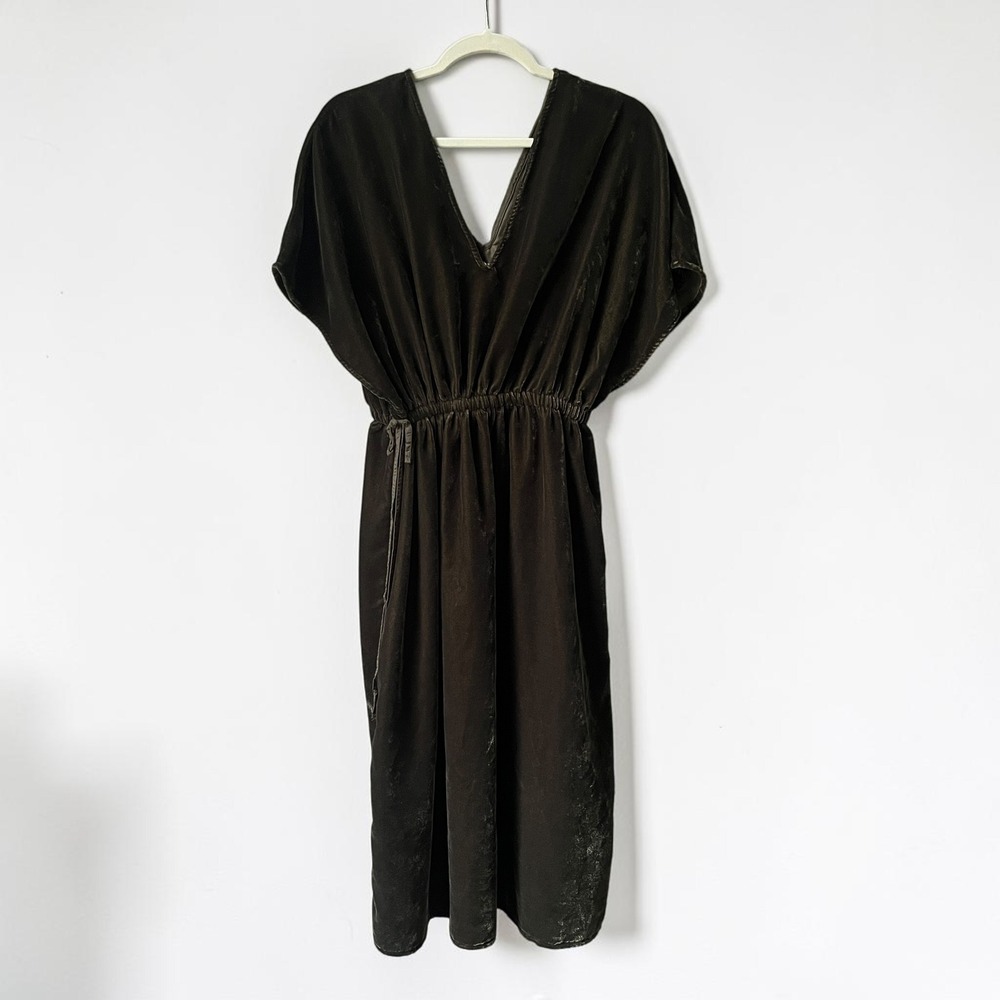 World Market Velvet Kaftan Dress Women's S / M Olive Green Midi Festive Holiday